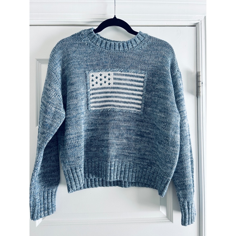 Womens Blue Marled American Flag Cotton Chunky Knit Crewneck Sweater Patriotic